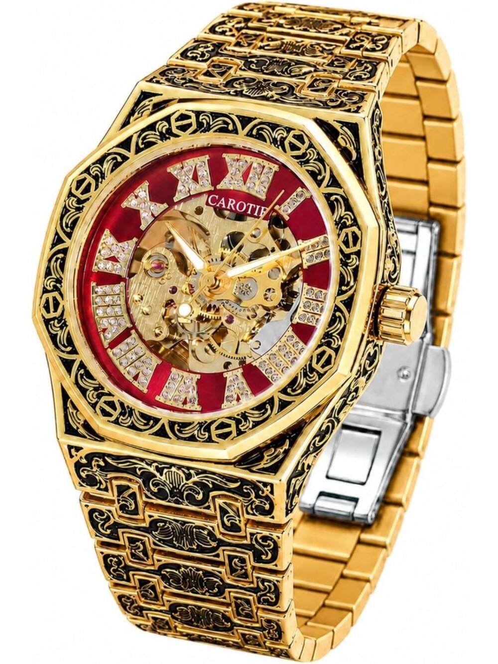 Vintage Skeleton Automatic Mechanical Watch for Men - Gold Octagon Design